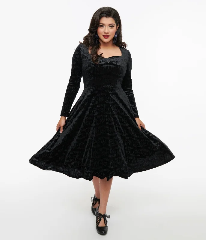 Wedding guest mini dress-1950s Black Velvet Bat Print Fit & Flare Dress