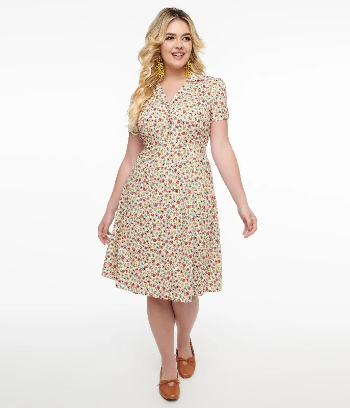 Boho mini dress-1950s Cream & Multicolor Floral Fit & Flare Dress