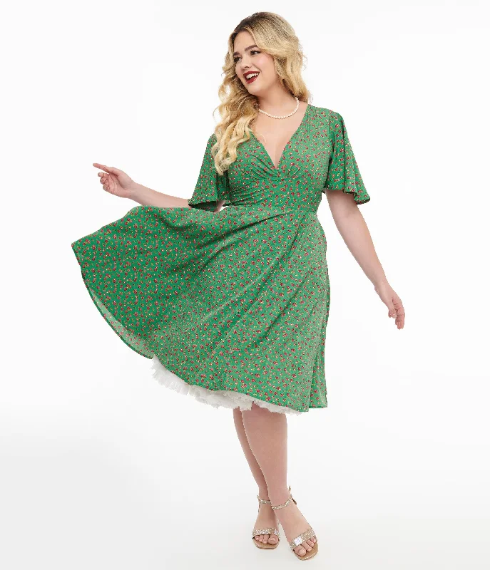 Blazer mini dress-1950s Green & Pink Rose Fit & Flare Dress