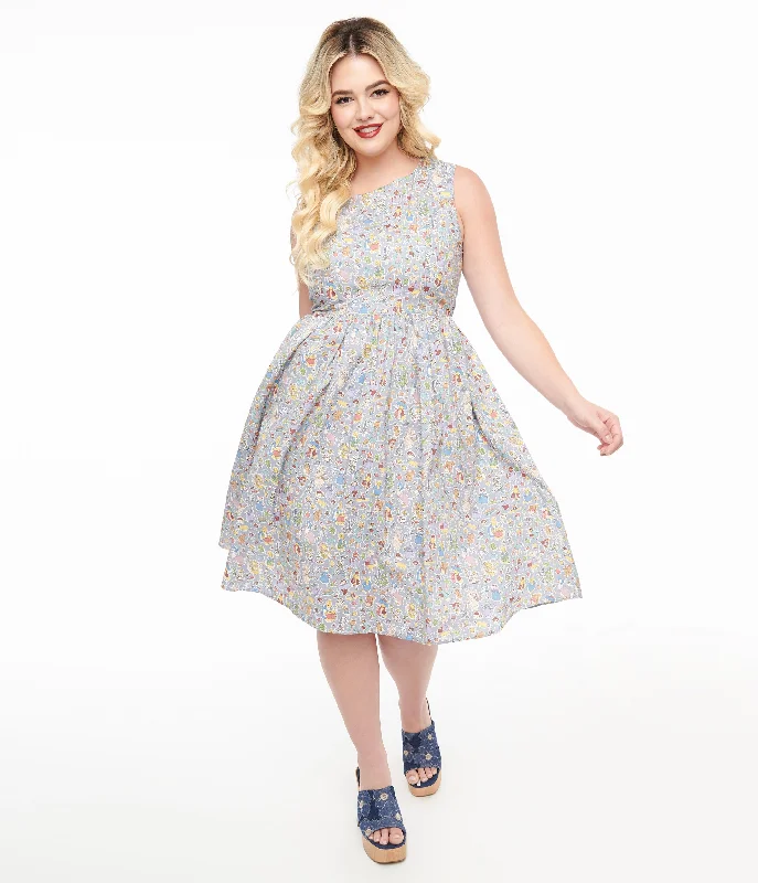 Belted mini dress-1950s Ice Blue Wonderland Print Fit & Flare Dress