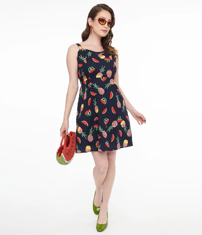 Blouson mini dress-1950s Navy Fruit Print Fit & Flare Dress