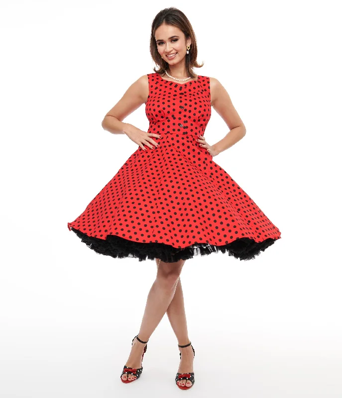 Wedding guest mini dress-1950s Red & Black Polka Dot Fit & Flare Dress