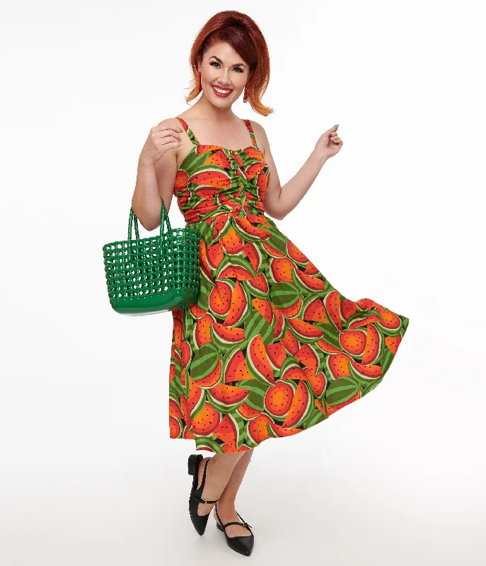 Holiday mini dress-1950s Red & Green Watermelon Print Eden Fit & Flare Dress