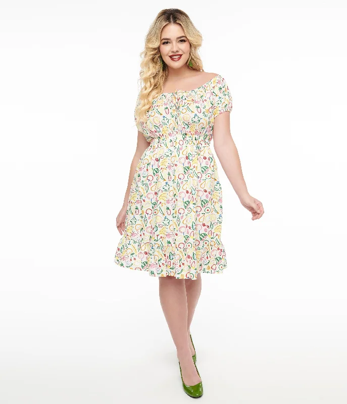 Bodycon mini dress-1950s White & Rainbow Fruit Print Fit & Flare Dress