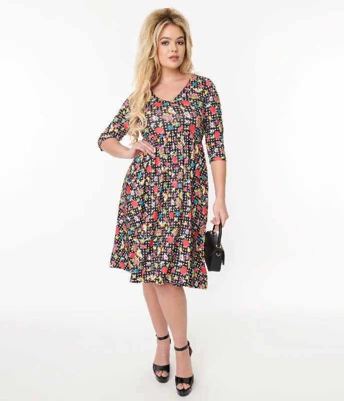 Short sleeve mini dress-Dolly & Dotty Black & Rainbow Retro Print Flare Dress