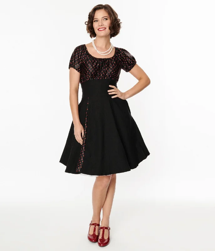 Casual mini dress-1940s Black & Red Polka Dot Romie Flare Dress