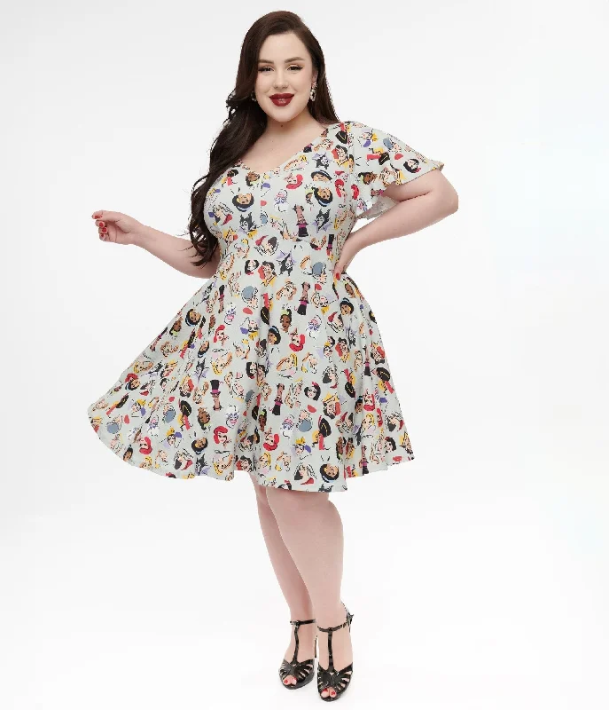 Bardot mini dress-Disney Princess Collection by Unique Vintage Plus Size Grey Princess & Villain All Over Print Fit & Flare Dress