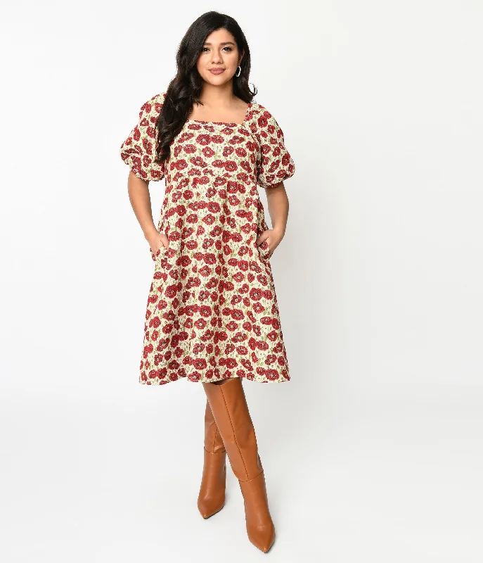 Peplum mini dress-Ivory & Red Floral Kiss Jacquard Fit & Flare Dress