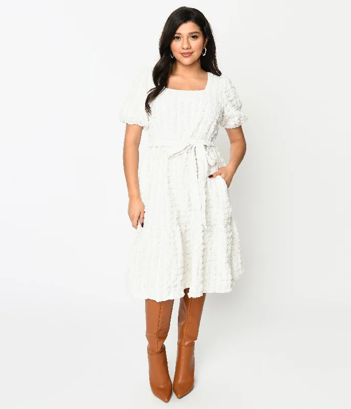 Retro mini dress-Ivory Textured Smock Fit & Flare Dress