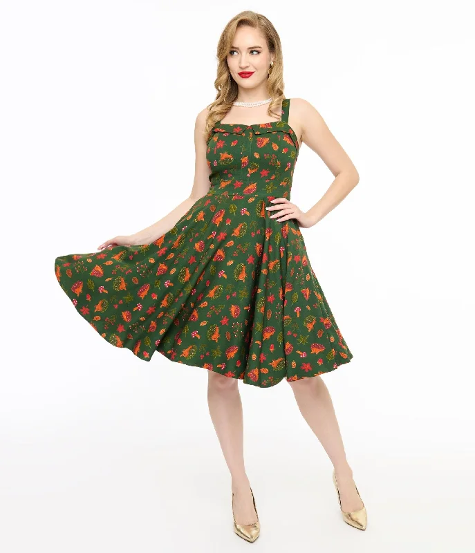 Cape mini dress-Miss Lulo 1950s Green Hedgehog Forest Print Kyla Fit & Flare Dress