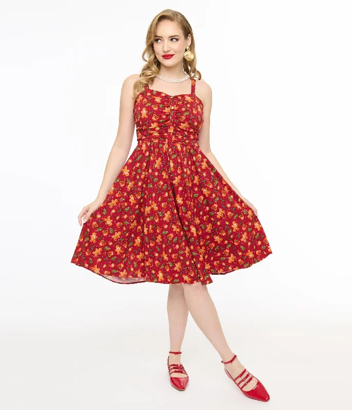 Summer mini dress-Miss Lulo 1950s Red Gingerbread Man Print Eden Fit & Flare Dress