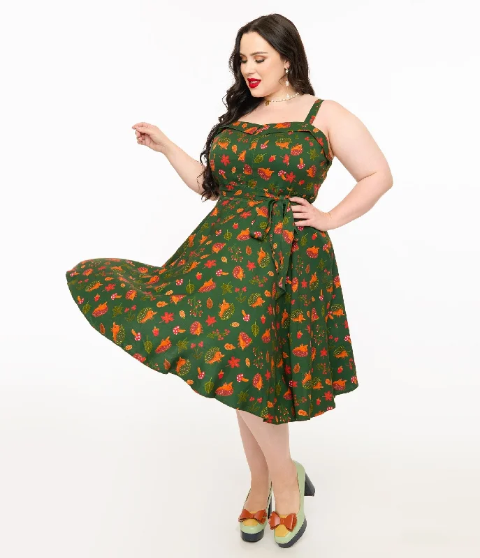 Camisole mini dress-Miss Lulo Plus Size 1950s Green Hedgehog Forest Print Kyla Fit & Flare Dress