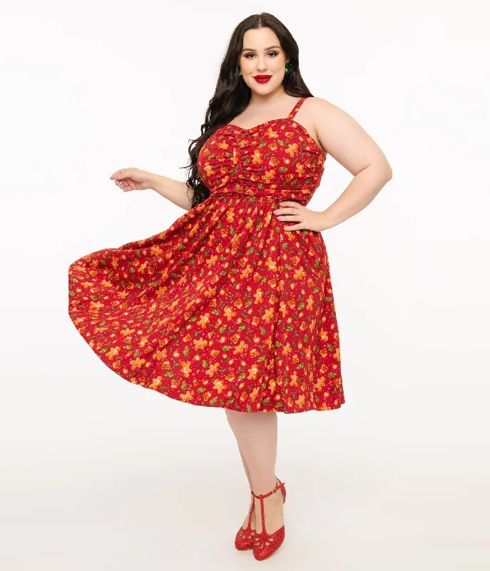 Sporty mini dress-Miss Lulo Plus Size 1950s Red Gingerbread Man Print Eden Fit & Flare Dress