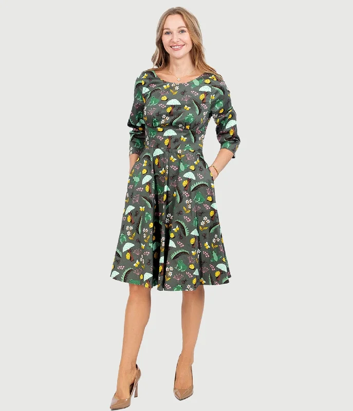 Poncho mini dress-Olive Green & Rain Forest Print Fit & Flare Dress