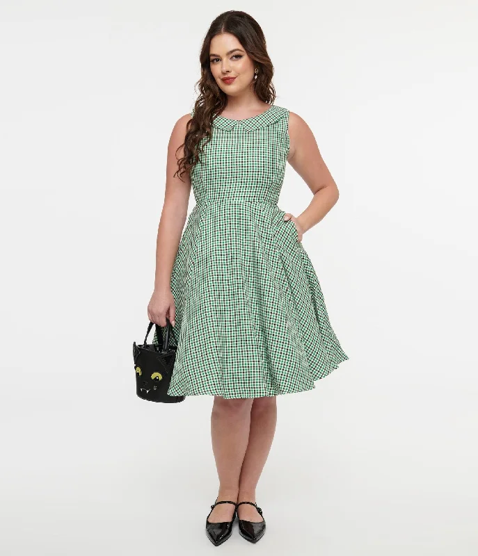 Belted mini dress-Orchid Bloom 1950s Green & Black Plaid Fit & Flare Dress