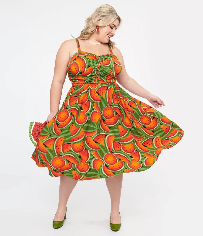 Festival mini dress-Plus Size 1950s Red & Green Watermelon Print Eden Fit & Flare Dress