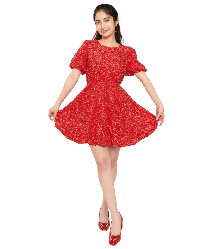 Printed mini dress-Red Sequin Puff Sleeve Flare Dress