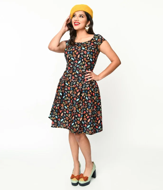 Tiered mini dress-Retrolicious Black Leaves & Acorns Margaret Flare Dress