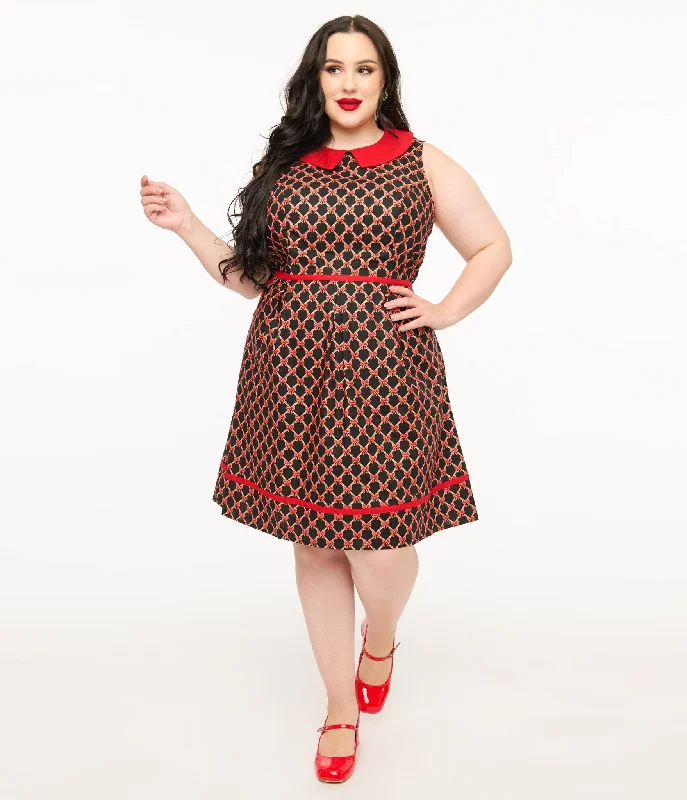 Strapless mini dress-Retrolicious Plus Size 1950s Black & Red Bow Cotton Fit & Flare Dress