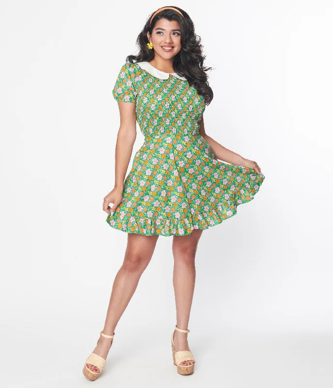 Lace mini dress-Smak Parlour 1960s Green Floral Smocked Fit & Flare Dress