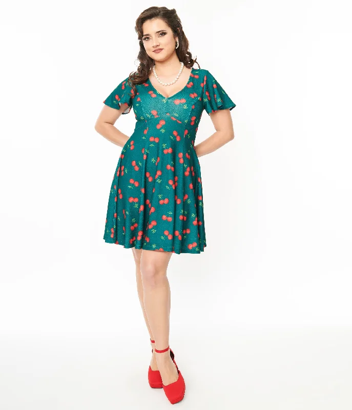 Chic mini dress-Unique Vintage 1950s Emerald & Cherry Print Poppy Flare Dress