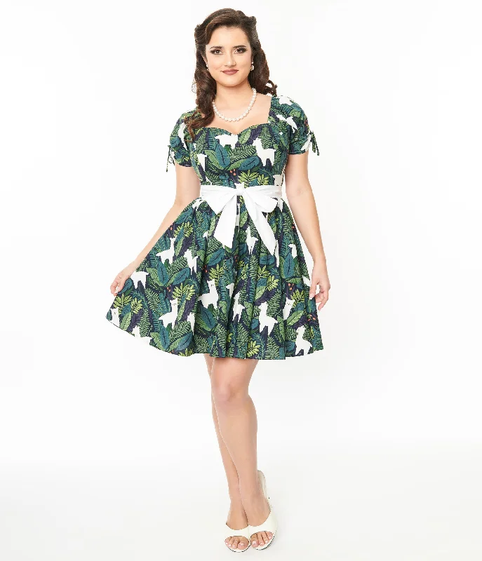 Casual mini dress-Unique Vintage 1950s Green Leaf & Llama Print Cotton Dakota Flare Dress