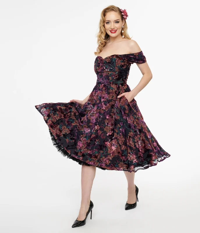 Boho mini dress-Unique Vintage 1950s Purple Floral Velvet Burnout Off Shoulder Flare Dress