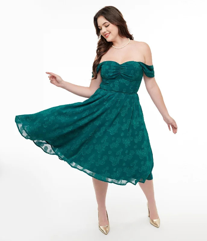 Sweetheart neck mini dress-Unique Vintage 1950s Teal Jacquard Off Shoulder Flare Dress