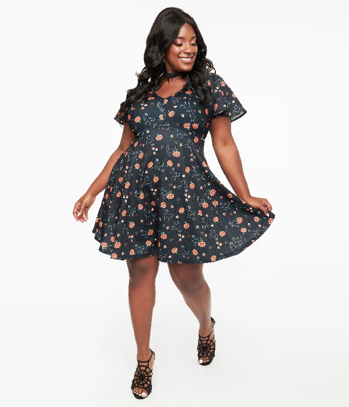 Party mini dress-Unique Vintage Plus Size 1950s Black Spooky Cats & Pumpkins Poppy Flare Dress