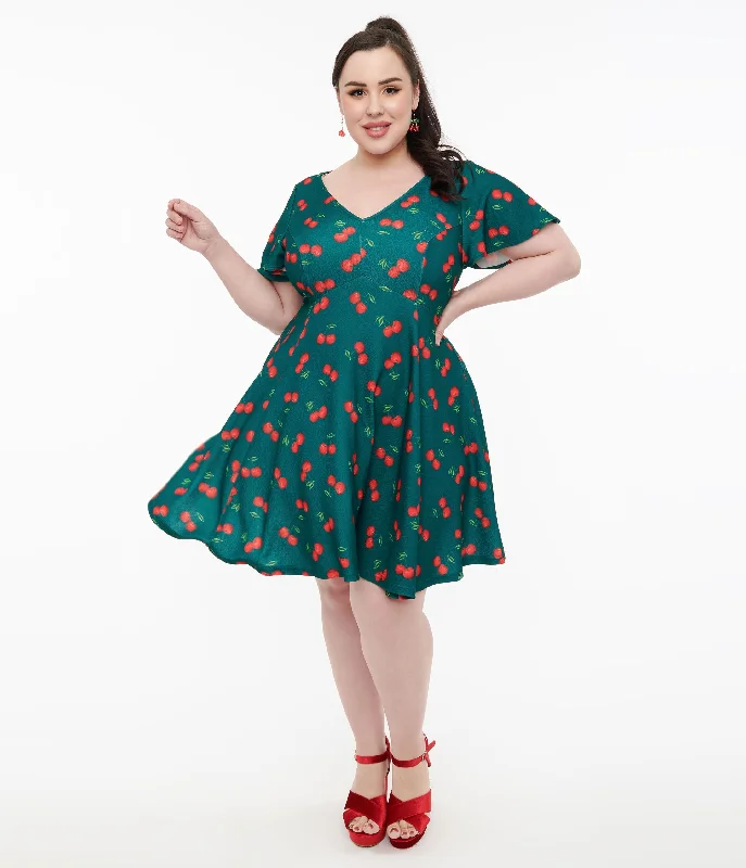 Celebration mini dress-Unique Vintage Plus Size 1950s Emerald & Cherry Print Poppy Flare Dress