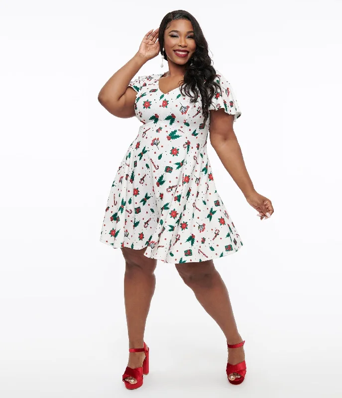 Tank top mini dress-Unique Vintage Plus Size 1950s Ivory Christmas Print Poppy Flare Dress