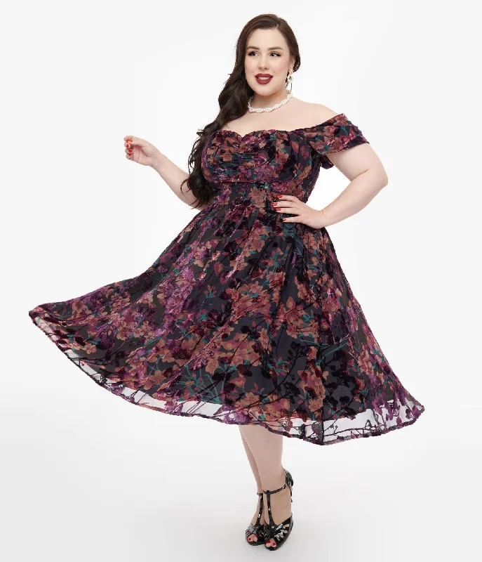 Bohemian mini dress-Unique Vintage Plus Size 1950s Purple Floral Velvet Burnout Off Shoulder Flare Dress