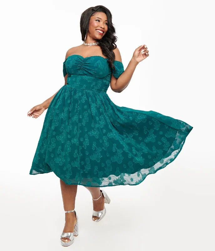 Sweatshirt mini dress-Unique Vintage Plus Size 1950s Teal Jacquard Off Shoulder Flare Dress