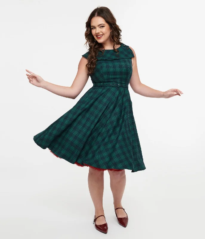 Embellished mini dress-Voodoo Vixen 1950s Green Check Fit & Flare Dress