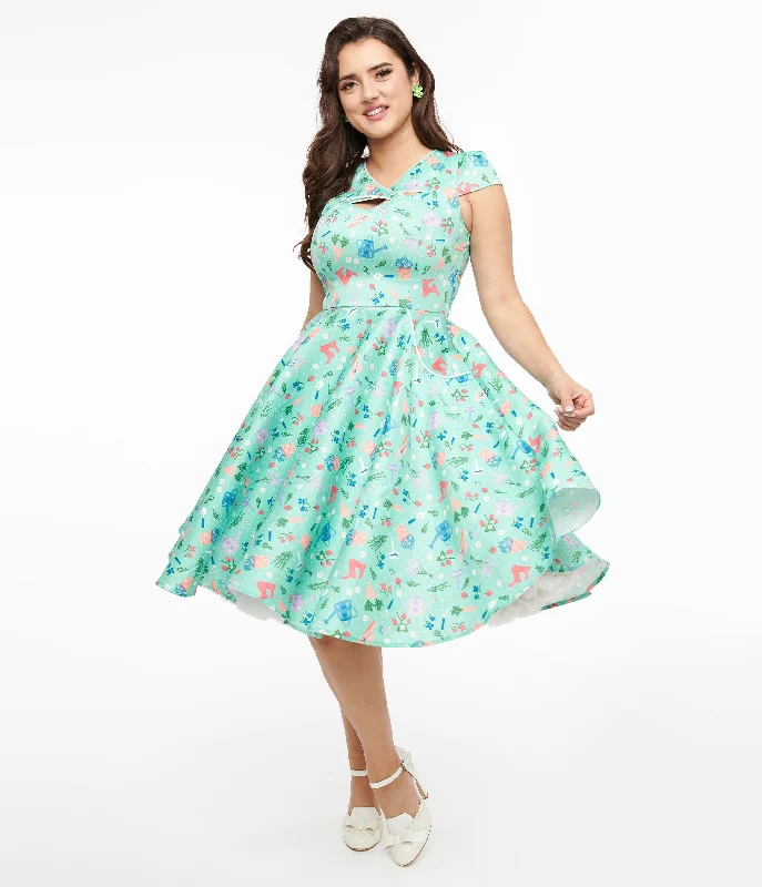 Empire waist mini dress-Voodoo Vixen 1950s Mint Green English Country Garden Print Fit & Flare Dress