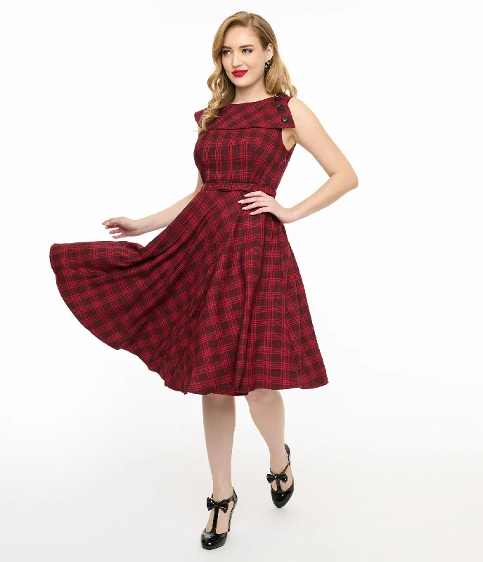 Bardot mini dress-Voodoo Vixen 1950s Red Check Fit & Flare Dress