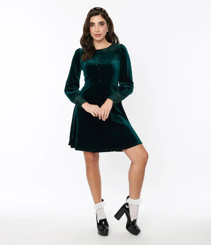 Pleated mini dress-Voodoo Vixen Emerald Green Velvet Satin Fit & Flare Dress