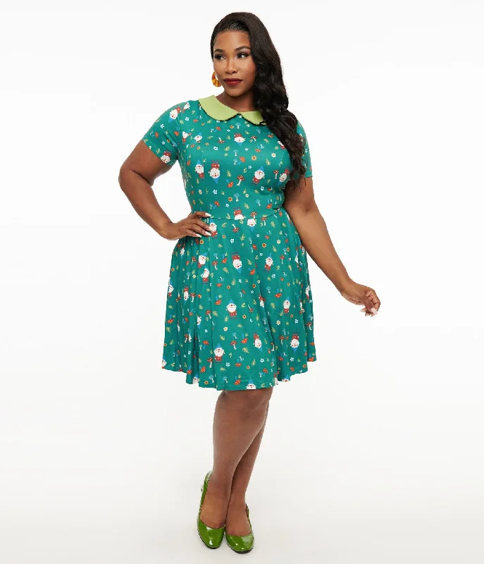 Vacation mini dress-Unique Vintage Plus Size 1950s Green Gnome Print Fit & Flare Dress